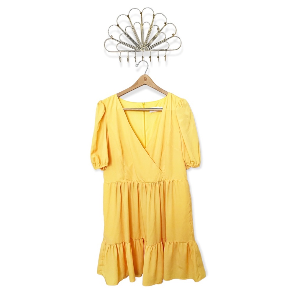 Eliza J Surplice Neck Puff Sleeve Fit & Flare Dress in Yellow